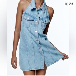 Zara Light Blue Denim Halter Dress